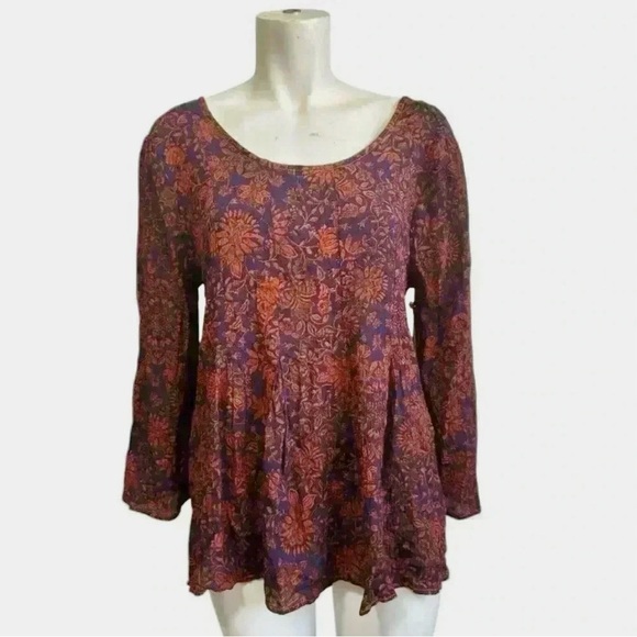 O’NEILL Lianne floral pleated babydoll top bell sleeves cobalt rust sz medium - Picture 1 of 14